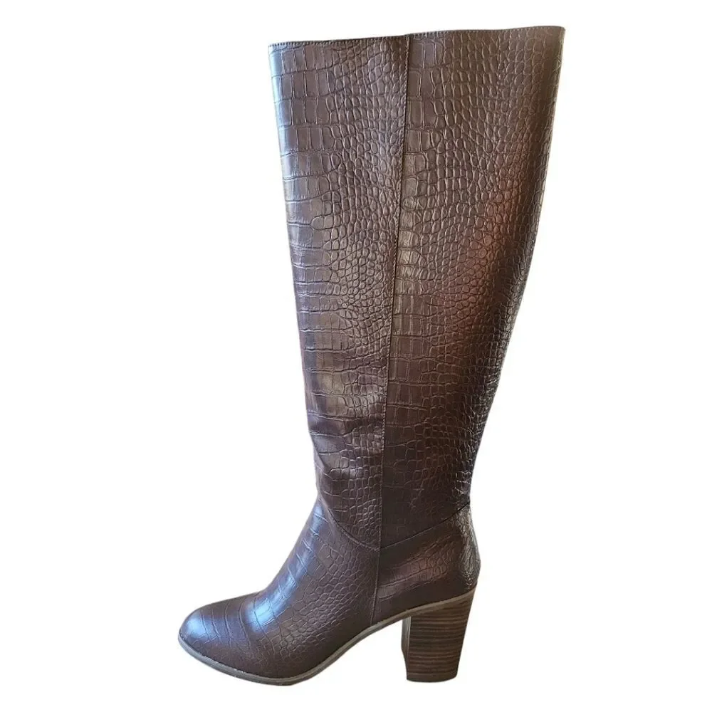 BC Footwear Make An Impact Vegan Croc-Embossed Stacked Heel Knee-High Boots 10M